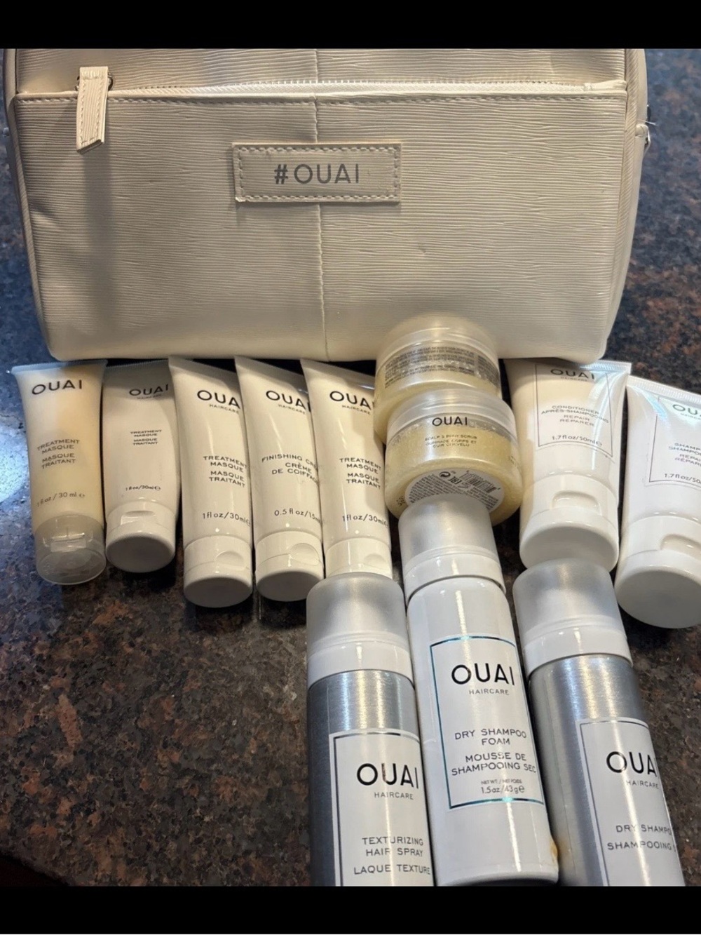 OUAI HairCare 12 Pc Set Dry Shampoo Conditioner Hair & Scalp Scrub Masque Bag